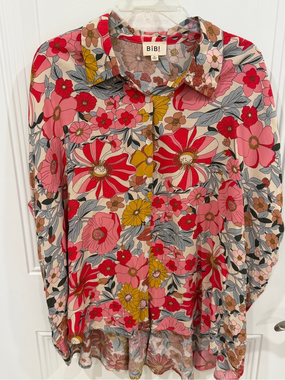 BiBi Floral Button-Front Top in Pink, Red & Yellow. XL